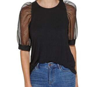 Black Top with Sheer Puff Sleeves